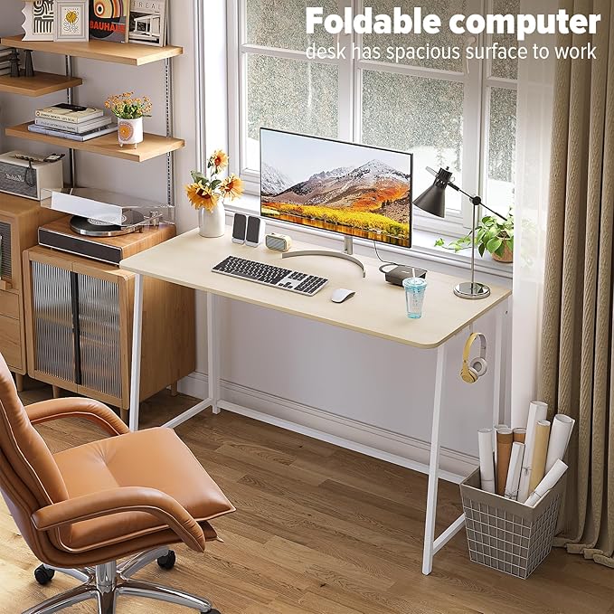 WOHOMO Folding Desk, 47.2" Foldable Computer Table for Small Spaces, Oak | Easy Assembly and Fold, Sturdy Home office desks for Study Bedroom Dorm Space Saving Writing Work Apartment - Image 4