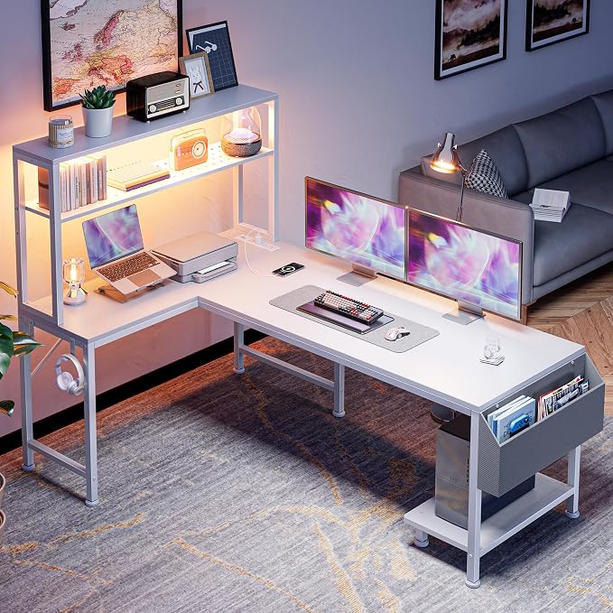 PRAISUN L Shaped Gaming Desk with LED Lights & Power Outlets, Reversible Computer Desk with Storage Shelves & Bag, Large Corner Home Office Desk with Pegboard for Work from Home, White - Image 7
