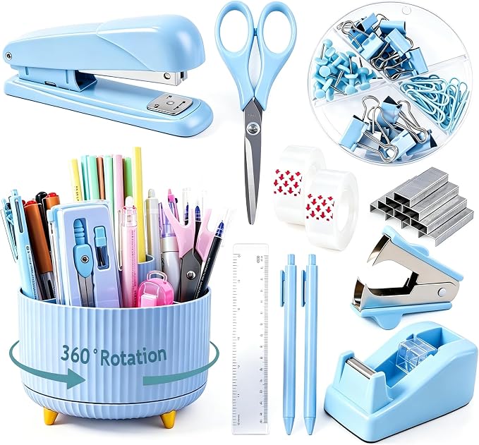 Gawsey Blue Desk Organizers and Accessories with Desk Organizer 360° Rotating Pen Holder and Office Supplies, Cute Stationery Supplies Set by Gawsey