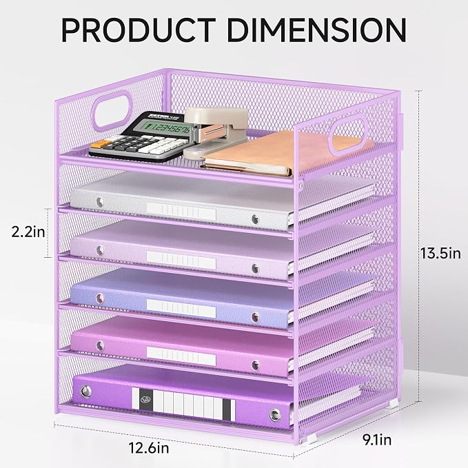 6 Tiers Letter Tray Paper Organizer with Handle, Mesh Desk File Organizer, Metal Desktop Document Shelf Organization, Paper Sorter Organizer for Office, Home or School File Folder Holder - Purple - Image 2