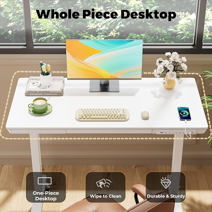 40" Electric Stand up Desk with Drawer, Height Adjustable | Sit Stand Home Office Desk with Storage, One-Piece Tabletop with USB Charging Ports, Quick Assembly Computer Desk on Wheels - Image 7