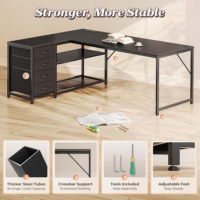 PRAISUN 61" L Shaped Desk with Power Outlets & USB-C Port, Reversible Computer Corner Office Desk with 4 Fabric Drawers and 2 Storage Shelves, Large Desk for Gaming Writing Study, Black - Image 8