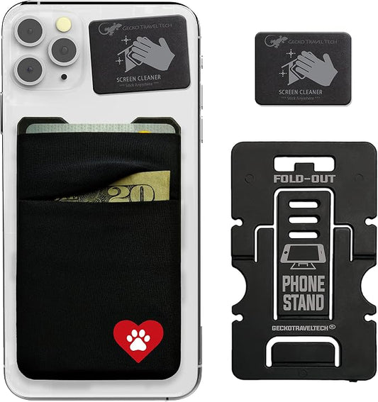 Gecko Travel Tech Double Pocket - Adhesive Card Holder - Cell Phone Pouch - Stick on Spandex Pocket - Carry Credit Cards and Cash - DOG HEART by GeckoTravelTech