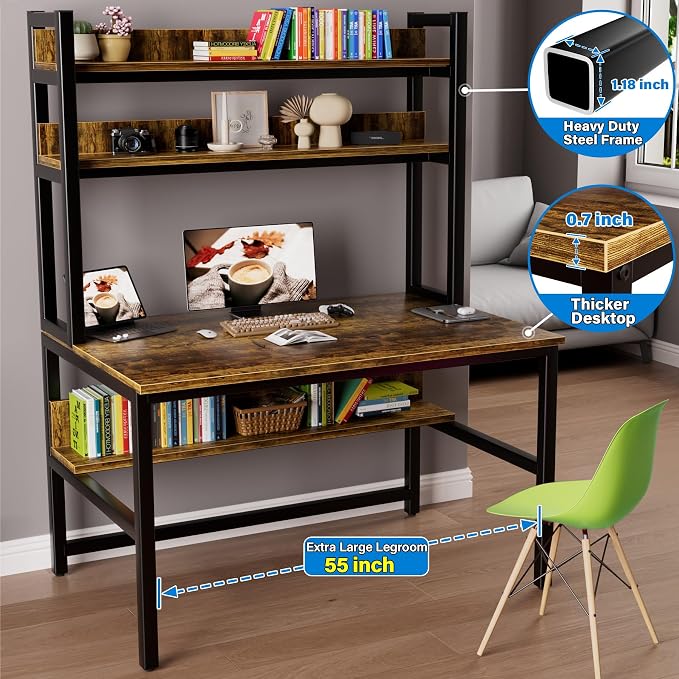 Aquzee Computer Desk with Hutch Bookshelves, 55 Inch Home Office Writing Desk with Space Saving Design, Gaming Table Organized Desk with Storage Shelves Bookshelf Easy Assemble, Rustic Brown - Image 4