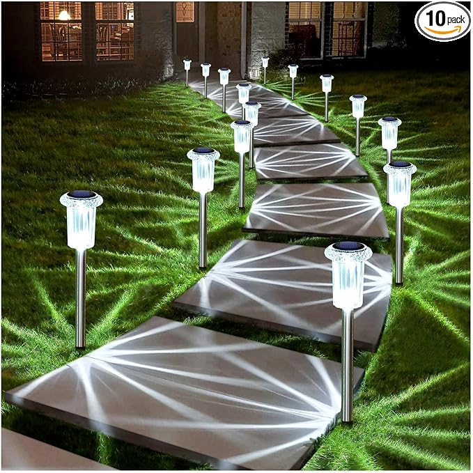 DenicMic Solar Lights Outdoor 10 Pack Waterproof 6000K Cold White LED Stainless Steel Stake Outside Lights for Yard Pathway Garden Driveway Walkway Landscape Path Lighting by Denicmic