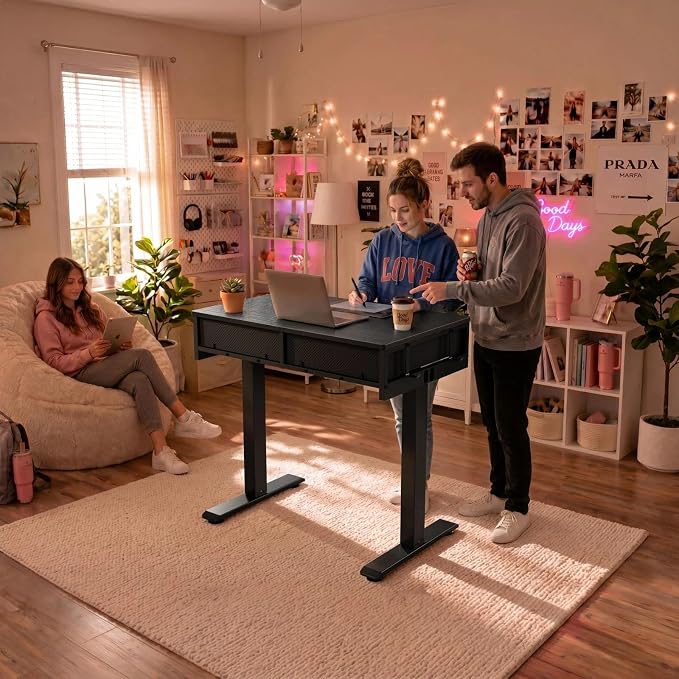 KLUVIS Black Sit Stand Desk with Drawers, 32 Inch Electric Standing Desk with Storage, Small Space Stand Up Computer Desks for Home Office Bedroom, Study Writing Desks for Walking Pad - Image 7