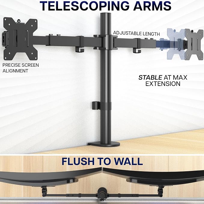 VIVO Dual LCD LED 21 to 32 inch Monitor Desk Mount, Heavy Duty, Adjustable Telescoping Arms, Flush Wall Setup, Fits 2 Screens, Black, STAND-V002E - Image 3
