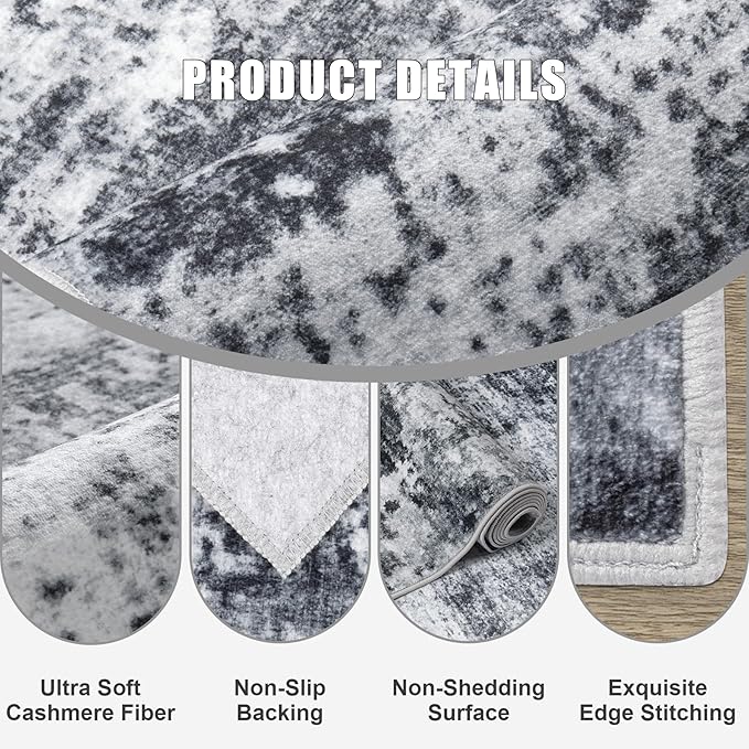 4x6 Area Rug Living Room Rug: Washable Modern Abstract Soft Thin Rug Indoor Floor No Slip Stain Resistant Carpet for Bedroom Dining Room Farmhouse Nursery Home Office - Dark-Black - Image 6