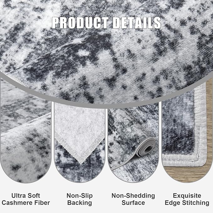 9x12 Area Rug Living Room Rug: Washable Modern Abstract Soft Thin Rug Indoor Floor No Slip Stain Resistant Carpet for Bedroom Dining Room Farmhouse Nursery Home Office - Dark Black - Image 7