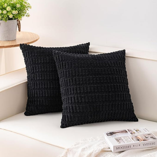 Aegero Pack of 2 Corduroy Decorative Throw Pillow Covers 16x16 Inch Soft Striped Pillow Covers Modern Farmhouse Home Decor for Sofa Living Room Couch Bed（Black） by Unknown