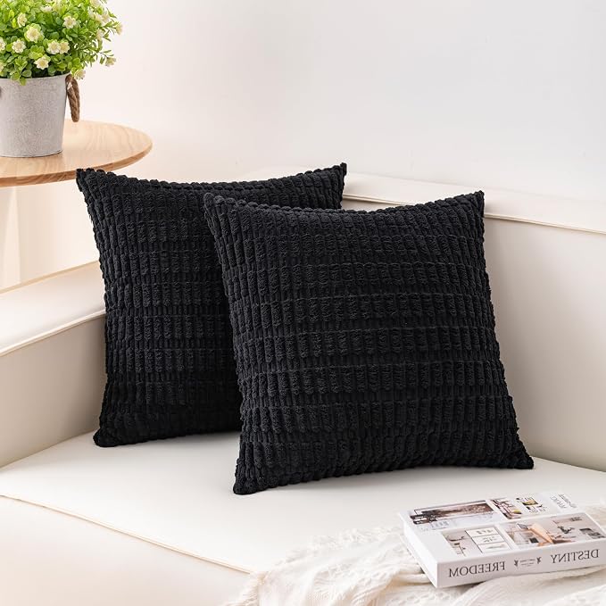 Aegero Pack of 2 Corduroy Decorative Throw Pillow Covers 20x20 InchSoft Striped Pillow Covers Modern Farmhouse Home Decor for Sofa Living Room Couch Bed（Black） by Unknown
