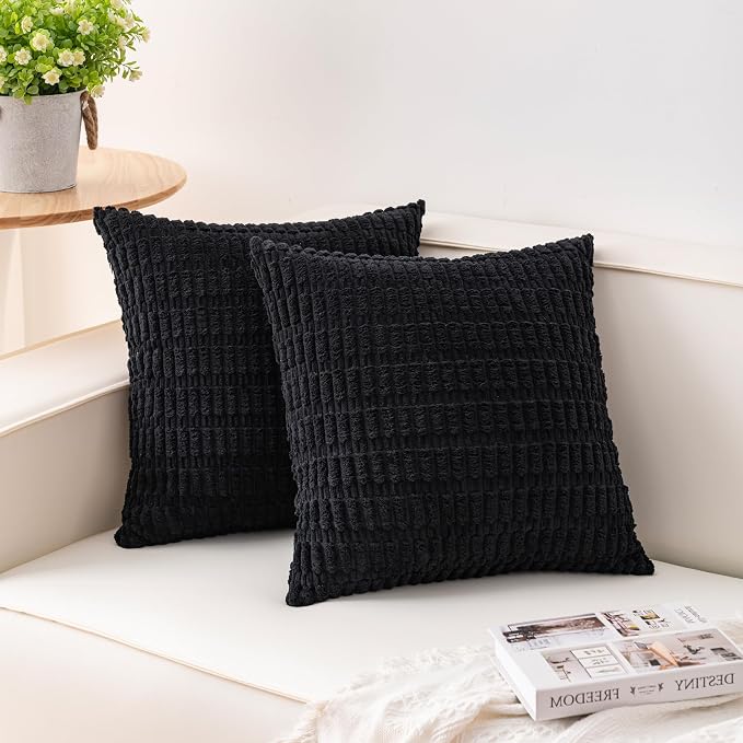 Aegero Pack of 2 Corduroy Decorative Throw Pillow Covers 18x18 InchSoft Boho Striped Pillow Covers Modern Farmhouse Home Decor for Sofa Living Room Couch Bed（Black） by Unknown