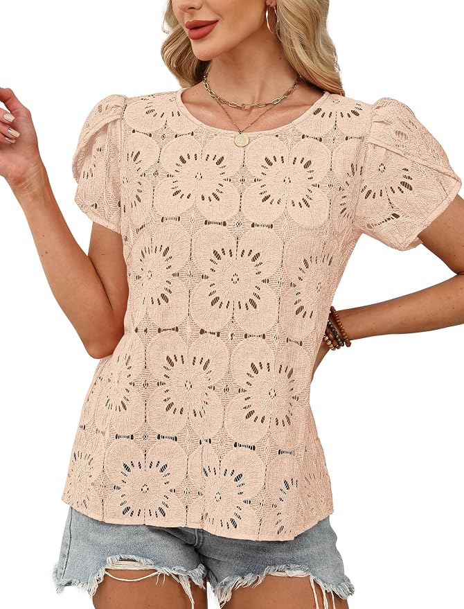 OFEEFAN Blouses for Women Dressy Casual Petal Short Sleeve Shirts Crochet Lace Boho Tops Spring Fashion Summer Outfits - Image 3