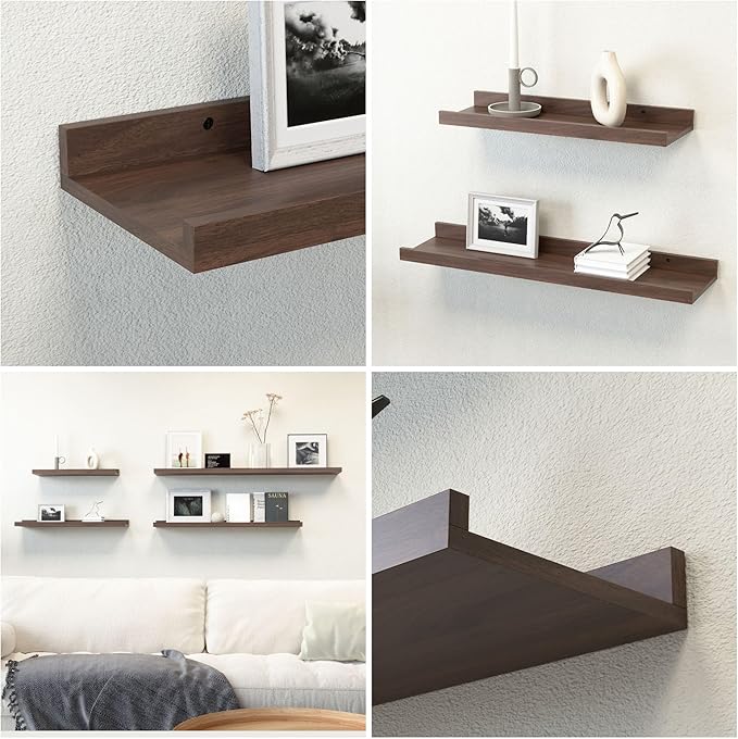 RICHER HOUSE 5-Set Floating Shelves with Lip, Walnut Wall Mounted Shelf | Display Picture Ledge Shelf, Anti-drop lip Shelf for Room Wall Decor, Bedroom Bathroom Storage Nursery Books, Easy Setup 16in - Image 6