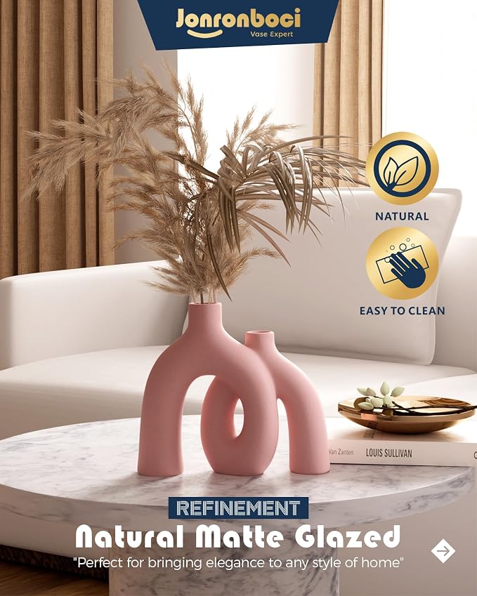 Hug Donut Decorative Vase Set - Light Pink Modern Glam Eclectic Style Vases Home Decor, Matte Ceramic Decorations for Living Room Shelf, Bookshelf Mantle Entryway Table or Console Décor(Pink) - Image 4