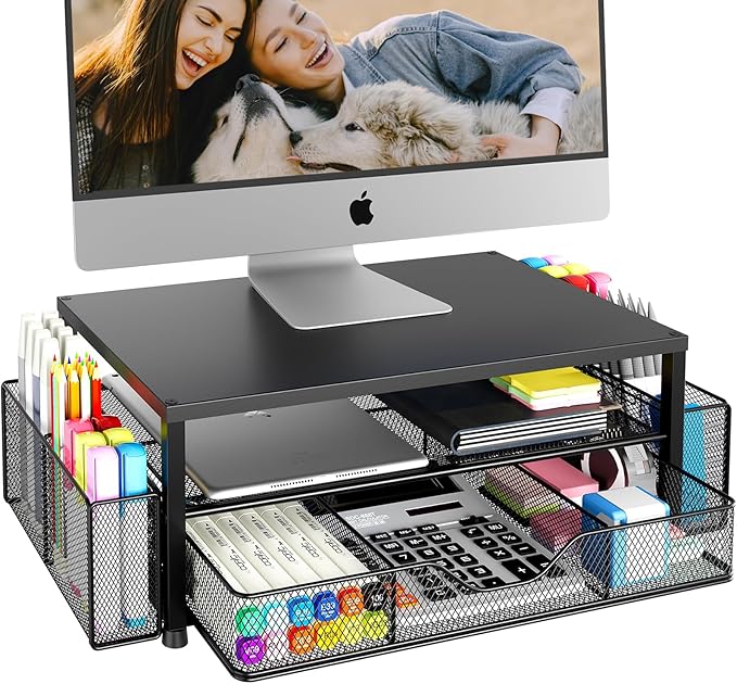 OPNICE Desk Organizer and Accessories, 2-Tier Computer Monitor Stand Riser with Drawer and 2 Pen Holders, Laptop Stand, Office Desk Accessories for Office Supplies, Black by OPNICE