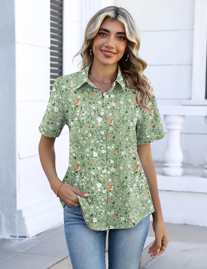 Zeagoo Button Down Shirts for Women Short Sleeve Collared Tops Dressy Casual V Neck Blouses - Image 5