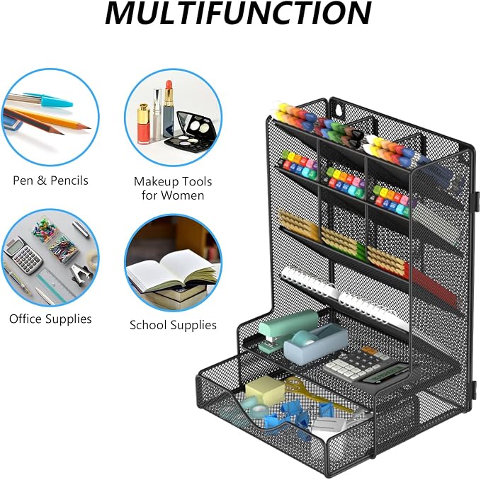 BOHDK Pen Organizer for Desk, Multi-Functional Desk Organizer, Wall Mount Pen Holder with Drawer for School, Office, Home, Art Supplies, Black - Image 7
