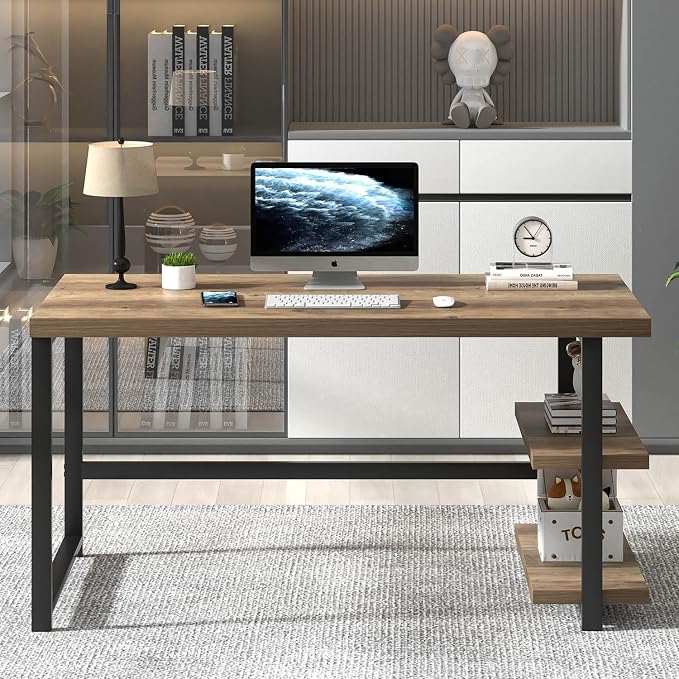 FOLUBAN Computer Desk, Wood and Metal Home Office Desk with Storage Shelves, Small Study Writing Table Workstation for Bedroom Living Room, Rustic Oak, 47 Inch - Image 7