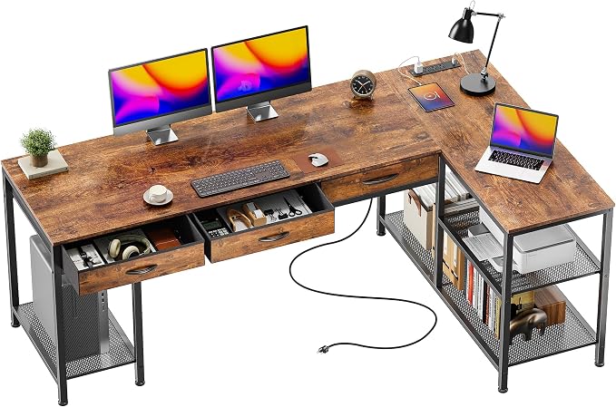 PRAISUN 63 Inch L Shaped Office Desk with Power Outlets and Type-C Port, Large Computer Gaming Desk with 3 Fabric Drawers, Mesh Shelves, Corner Study Work Writing Desk, Rustic Brown by PRAISUN