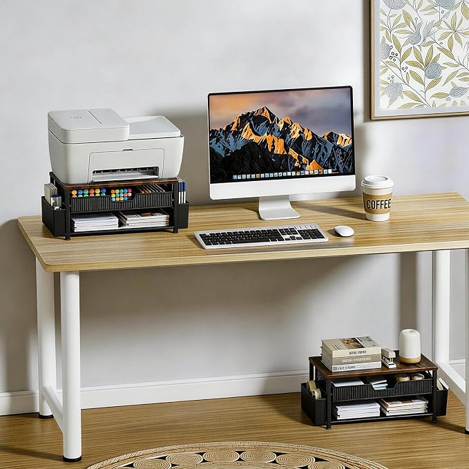 Printer Stand for Desk, Desk Organizer with Storage, Desktop Printer Table for Home Office, Multi-Purpose Shelves for Home Printer, Fax Machine, Scanner, Die-Cut Machine (Brown) - Image 5