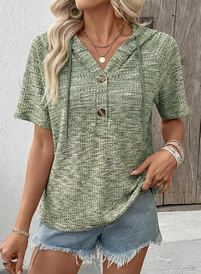 Dokotoo Womens Summer Tops 2026 Short Sleeve Button V Neck Waffle Knit Lightweight Drawstring Hoodies Casual Blouses Shirts - Image 4