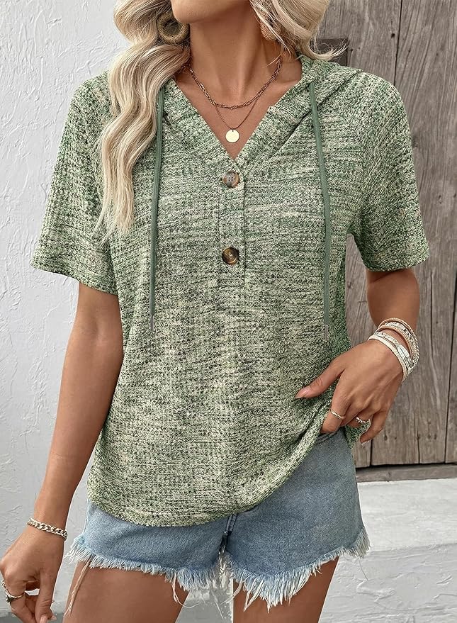 Dokotoo Womens Summer Tops 2026 Short Sleeve Button V Neck Waffle Knit Lightweight Drawstring Hoodies Casual Blouses Shirts - Image 4