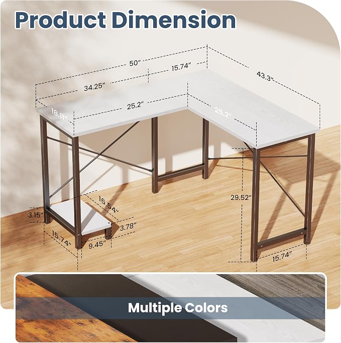 DUMOS 50-Inch Reversible L Shaped Desk with CPU Shelf, White | Computer Desk with Sturdy Metal Frame, Corner Gaming Desk, Home Office Desk for Study, Writing and Work, Sturdy Modern Design - Image 3