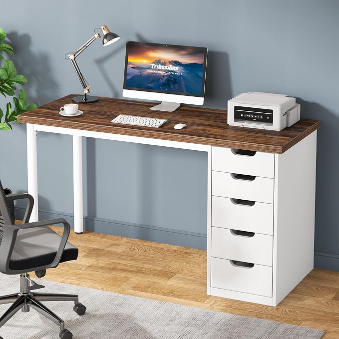 Tribesigns Computer Desk with 5 Drawers, 47 inches Rustic Brown Home Office Desk with Storage, Modern Simple Laptop Desk Study Writing Table for Small Spaces (1, Brown+White) by Unknown