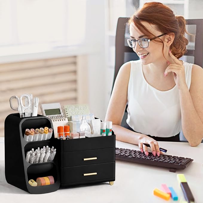 HBlife Desk Organizer with Pen Pencil Holder for Desk, Pen Organizer with 2 Drawers, Desk Organizers and Accessories with 4 Compartments, Desktop Storage for Office Home School Art Supplies, All Black - Image 6