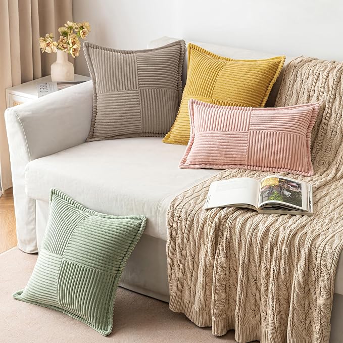 MIULEE Decorative Throw Pillow Covers for Couch Bed Livingroom 16x16 Inch Set of 2 Light Brown Boho Accent Throw Pllows Broadside Striped Patchwork Soft Corduroy Pillowcases - Image 4