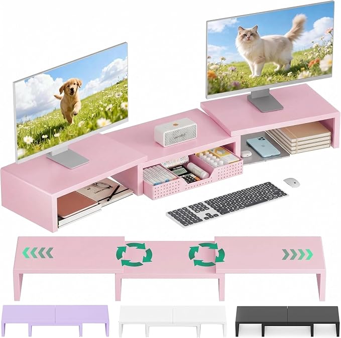 OPNICE Desk Organizers and Accessories, Dual Computer Monitor Stand Riser with Drawer, Office Decor for Women, Office Desk Accessories & Workspace Organizers for Home Office Supplies, Pink by OPNICE
