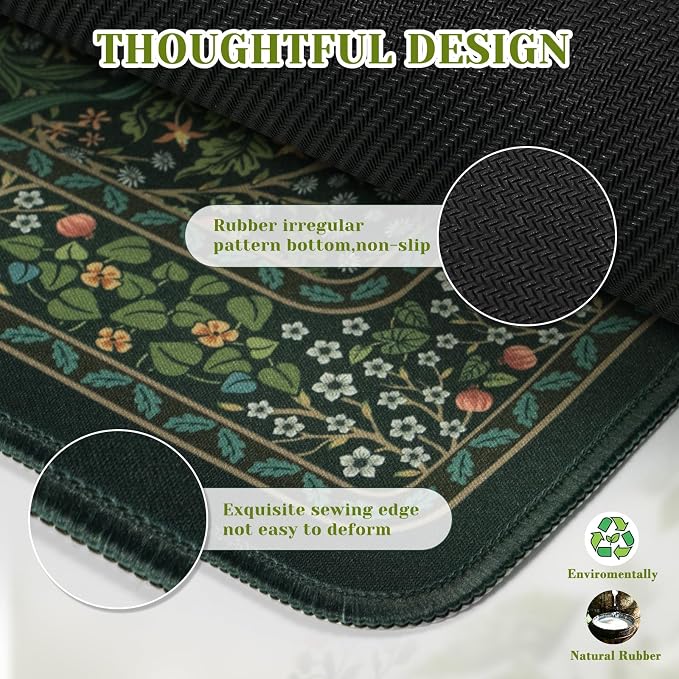 iCasso Aesthetic Floral Desk Mat, 31.5x11.8in Mouse Pads, Retro Green | Anti-Slip Mousepad with Stitched Edges, Waterproof Computer Pad, Desk Accessories Office Decor for Women - Image 4