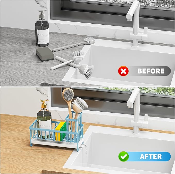 Cisily Sponge Holder for Kitchen Sink, Sink Caddy Organizer with High Brush Holder, Kitchen Countertop Organizers and Storage Essentials, Rustproof 304 Stainless Steel (Blue, 9.25″) - Image 7