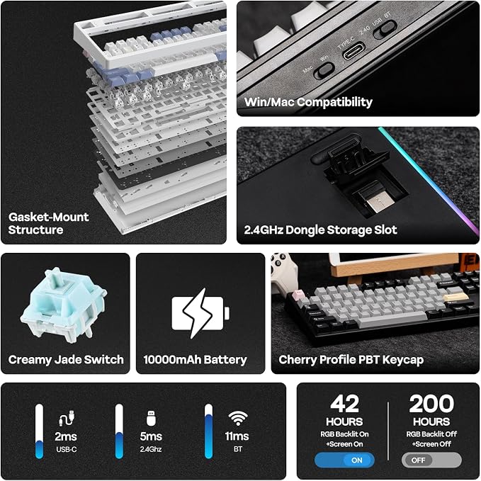 EPOMAKER TH108 PRO Full Size Mechanical Keyboard with Screen & Knob, Wireless Gaming Keyboard with 10000mAh, Creamy Gasket, Hot Swap, Custom Driver, RGB Backlight (Black, Creamy Jade) - Image 2