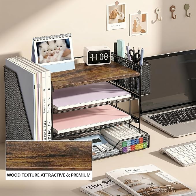 OPNICE Desk Organizer, 4-Tier Desktop File Organizer with Drawer and Pen Holders, Office Desk Accessories, File Sorters, Workspace Organizers for Office Supplies(Wood) - Image 2