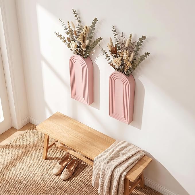 Dnnnii 2 Pack Wooden Wall Vase Set - Pink Finish Modern Farmhouse & Boho Wall Decor for Entryway, Hallway, Bathroom, Living Room, Dining Room, Narrow Spaces - Image 4