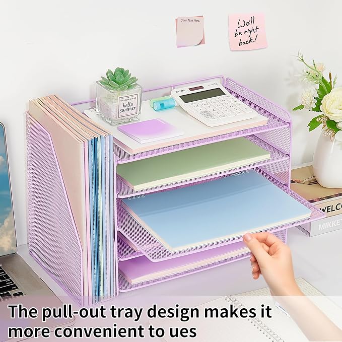 OPNICE Desk Organizer, 5-Tier Paper Organizer Letter Tray with Magazine Holder, Office Desk Accessories & Workspace Organizers, Desktop File Organizer for Office Supplies Storage, Purple - Image 6