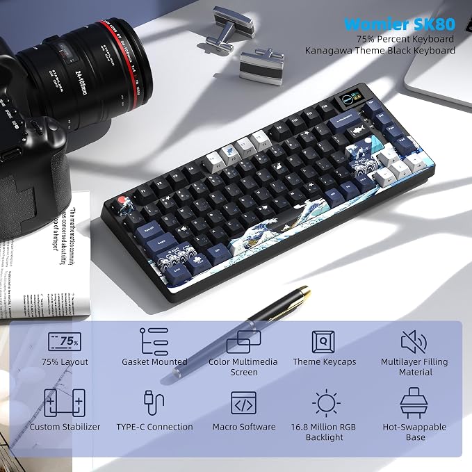 Womier SK80 75% Keyboard with Color Multimedia Display Gaming Keyboard | Creamy Sound Mechanical Wired Hot Swappable Gasket RGB Custom Key board, Pre-lubed Stabilizer for Mac/Win, Black Kanagawa - Image 6