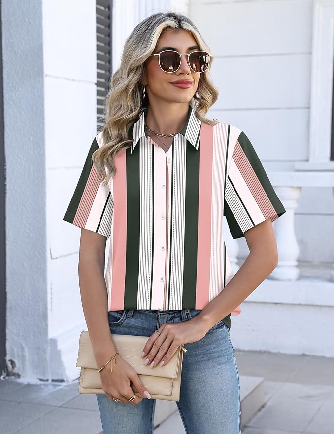 Zeagoo Button Down Shirts for Women Short Sleeve Collared Tops Dressy Casual V Neck Blouses - Image 2