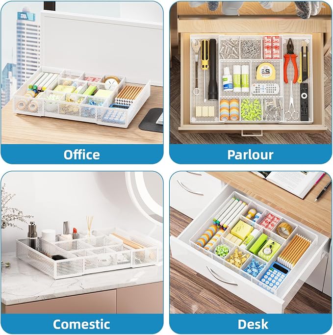 Marbrasse Expandable Desk Drawer Organizer, Mesh Drawer Organizer Tray with 10 Adjustable Compartments, Desk Organizers and Accessories, 5 Dividers Drawer for Office Supplies, Makeup & Vanity (White) - Image 4