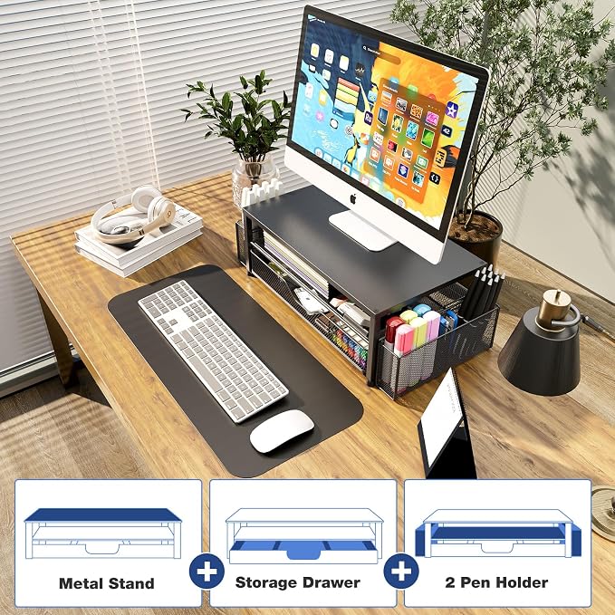 OPNICE Desk Organizer and Accessories, 2-Tier Computer Monitor Stand Riser with Drawer and 2 Pen Holders, Laptop Stand, Office Desk Accessories for Office Supplies, Black - Image 7