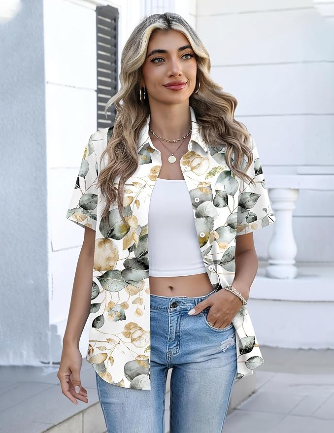 Zeagoo Button Down Shirts for Women Short Sleeve Collared Tops Dressy Casual V Neck Blouses - Image 3