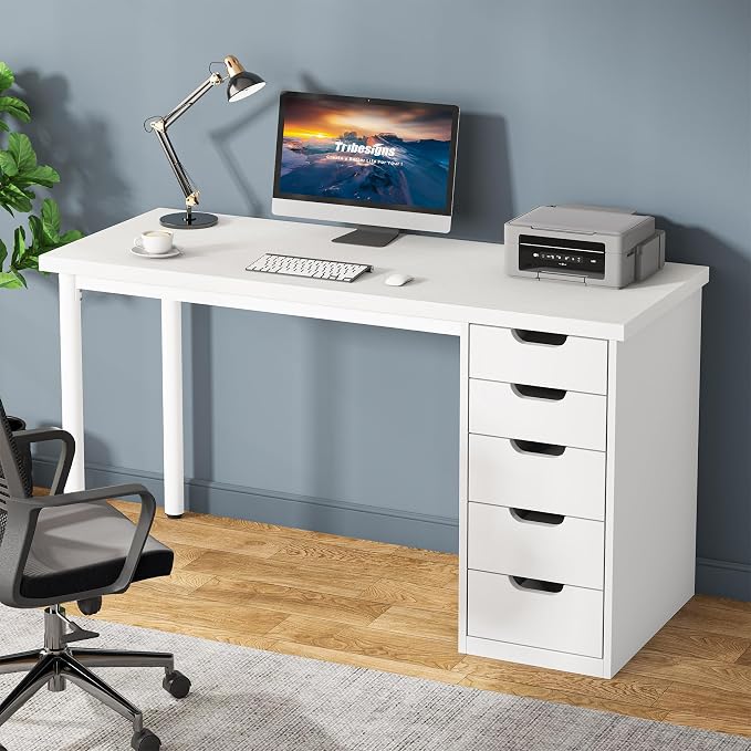 Tribesigns Computer Desk with 5 Drawers, 47 inches Rustic Brown Home Office Desk with Storage, Modern Simple Laptop Desk Study Writing Table for Small Spaces (1, White) by Unknown