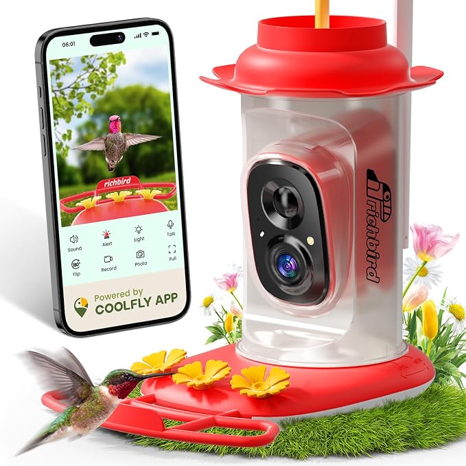 Smart Hummingbird Feeder with Camera Solar Powered, AI Identify, Instant Notification, Leakproof & Ant Moat Bird Feeder with Camera, Hummingbird Feeders for Outdoors, Gift for Bird Lovers (20 oz) by RichBird