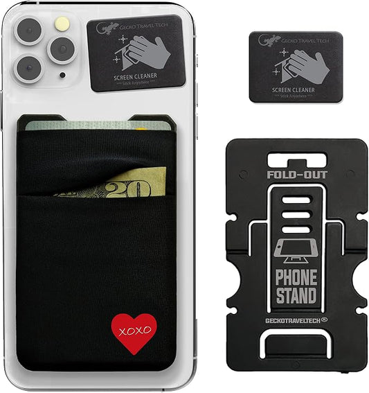 Gecko Travel Tech Double Pocket - Adhesive Card Holder - Cell Phone Pouch - Stick on Spandex Pocket - Carry Credit Cards and Cash (HEART) by GeckoTravelTech