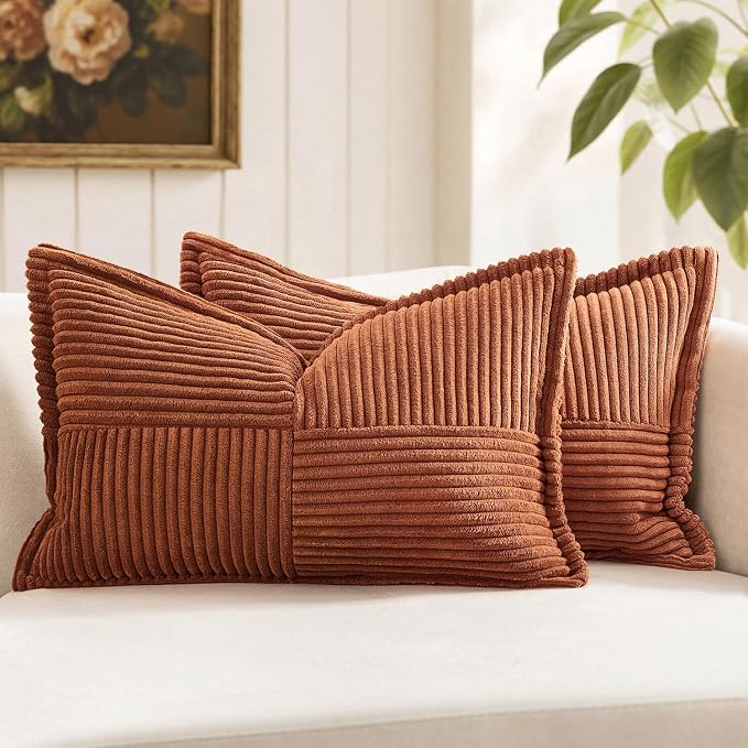 MIULEE Fall Dark Rust Decorative Lumbar Throw Pillow Covers for Couch Bed Livingroom 12x20 Inch Set of 2 Boho Accent Throw Pllows Broadside Striped Patchwork Soft Corduroy Pillowcases, Terracotta by MIULEE