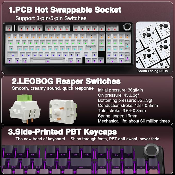 AULA F99 Pro Wireless Mechanical Keyboard with Knob,Tri-Mode BT5.0/USB-C/2.4GHz Hot Swappable Keyboard,Gasket Structure,Creamy Sound,RGB Backlit Computer Gaming Keyboards - Image 5