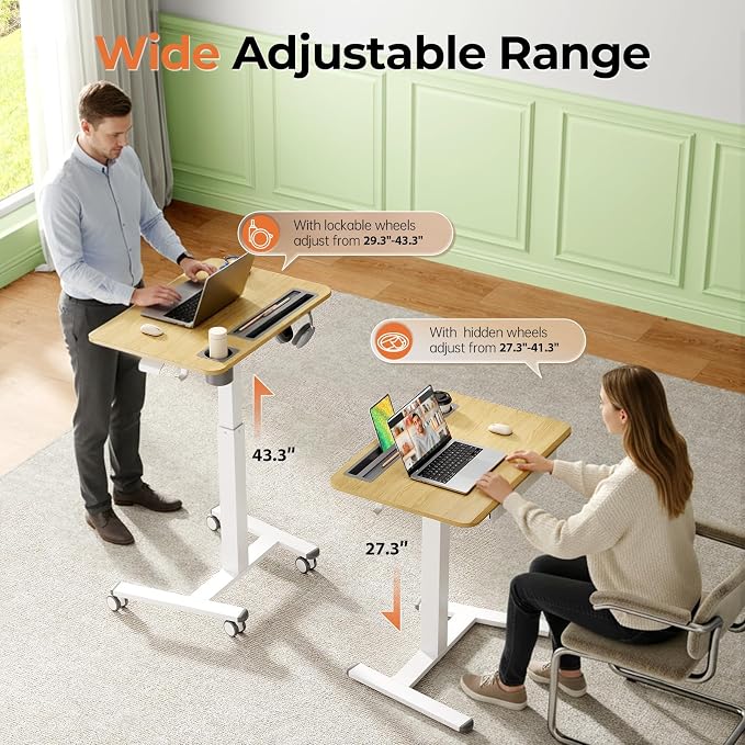 28" Mobile Standing Desk with Drawer, Portable Laptop Desk | Rolling Desk with Cup Holder & Hooks, Height Adjustable Computer Cart on Wheels for Classroom, Study Desk with Storage, Maple - Image 3