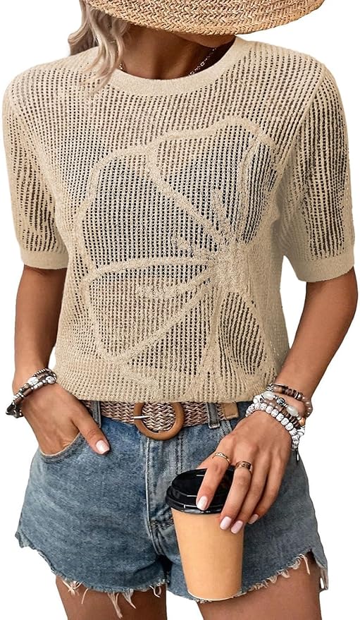 Dokotoo Womens Summer Short Sleeve Crochet Tops Hollow Out Floral Sweaters Beach Vacation Cruise Outfits by Dokotoo